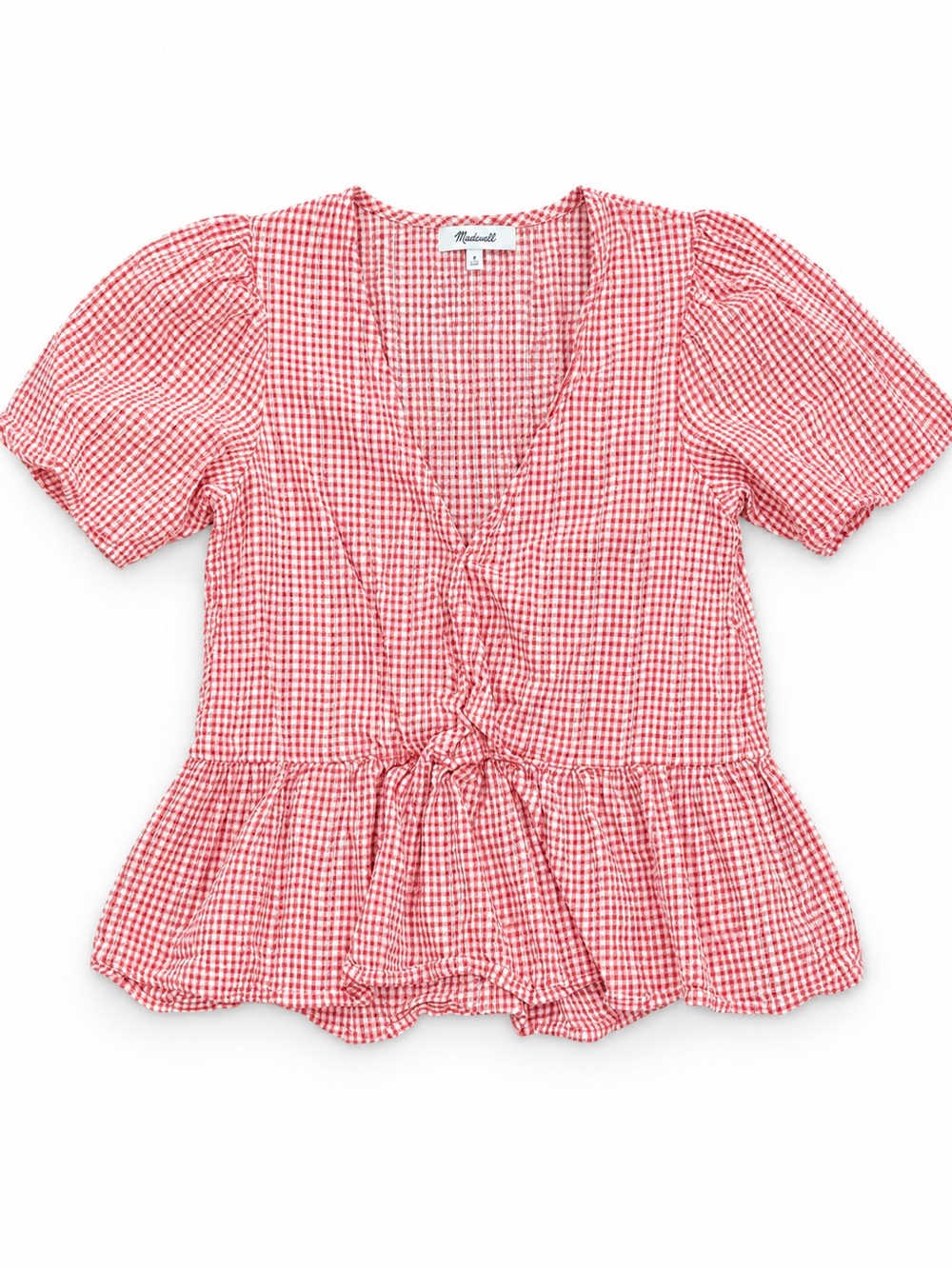 Madewell Red White Gingham Wrap Peplum Puff Sleeve Top